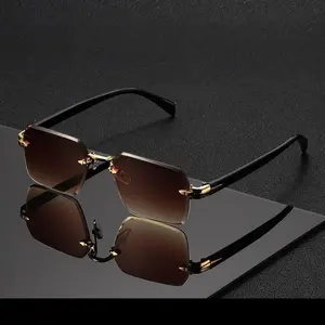 Rimless Gradient Square Sunglasses - Men's & Women's, Lightweight Gold Metal Frame, UV Protection, Ideal for Driving & Beach (Sports Eyewear), Sunglasses For Women