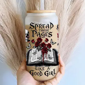 Gothic Skull Rose & Book "Spread Those Pages Like A Good Girl" Design 16oz Glass Can Cup with Lid and Straw, Reusable Glass Drinking Cup, High-Quality Glass Jar for Iced Coffee, Beer, Juice, Cold Drinks, Dark Aesthetic Fashionable Glassware, Perfect Gift