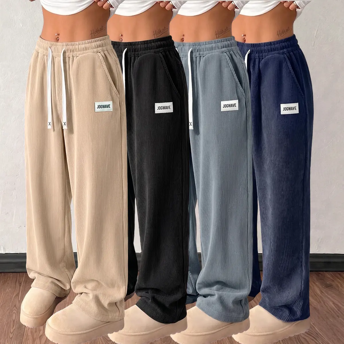JOGWAVE Women's Bottoms - 4PCS Basic Corduroy Pants, Mid Waist Drawstring, Straight Full Length, Lightweight Casual Wear for Spring & Autumn, Suitable for Daily Use & Dates