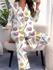 Softball Satin Pajamas Set, Women's White Satin Pajama Set – Softball Print Sleepwear, Sporty Summer Loungewear