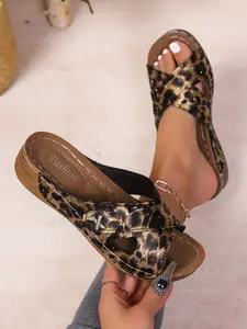 Women's Summer Leopard Print Wedge Sandals, High Heel Thick Rubber Sole, Anti-Slip Beach Shoes, Fashion Comfortable Versatile Commuter Footwear, Leopard Print Casual Sandals