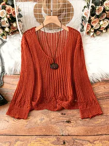Deep V Neck Pullover Sweater, Hollow Knit Fabric, Long Sleeve, Regular Length, No Waistband, Loose Fit, Pure Color, Slight Elasticity