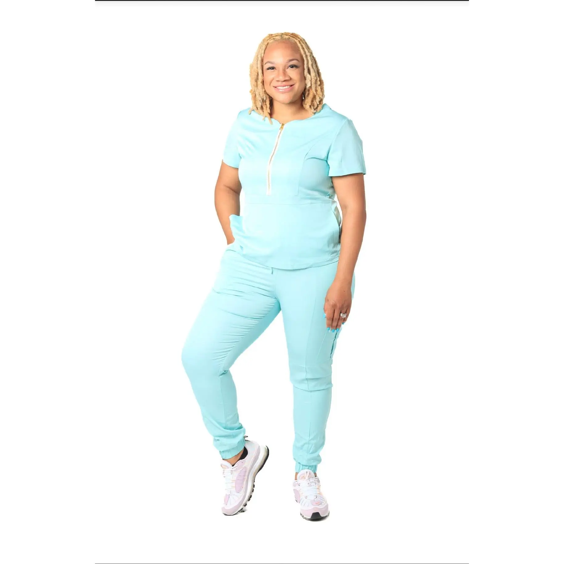 iCare Unique Scrub Set w/logo Comfort Womenswear Breathable Pants Elegance Drawstring Customized Overalls Fabric for Women Elastic Suits Underwear Zipper Fit