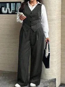Elegant Casual Women's Striped Long Pants Suit Set, V-Neck Fitted Buttonless Sleeveless Top, High Waist Wide Leg Pants, All Seasons