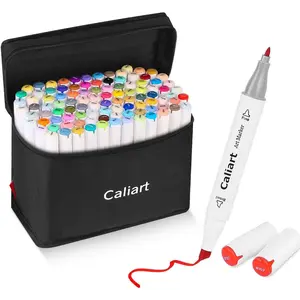 Caliart Markers, 100 Colors Dual Tip Art Markers Sketch Pens Permanent Alcohol Based, with Case for Adult Kids Halloween Drawing Sketching (White Barrel)