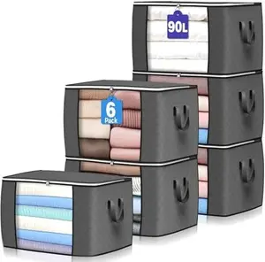90L Large Storage Bags (6-Pack) – Foldable Clothes & Blanket Organizer with Clear Window & Reinforced Handles