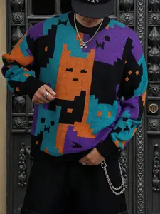 Unisex Casual Knitted Sweater, Vintage Crewnecks Jumper, Long Sleeve Round Neck Pullover, Cartoon Cat Pattern, Spring Fall Winter Wear, Comfortable Commuter Top