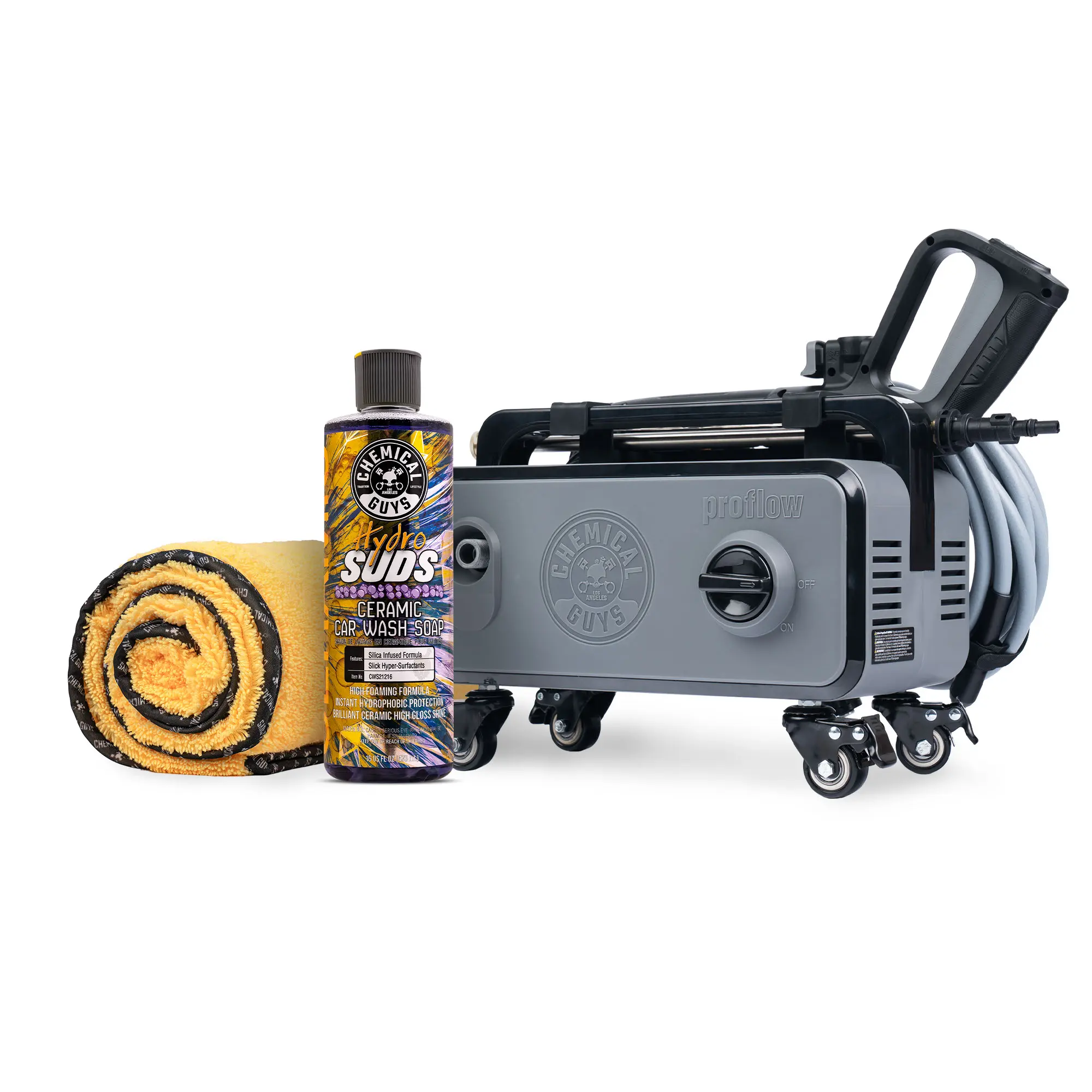 Chemical Guys Ceramic Car Cleaning Kit - ProFlow PM2000 Pro Portable High Pressure Washer (Car Wash Equipment), HydroSuds Cleansing Soap, Miracle Dryer Towel for Scratch-Free Heavy Duty Use & Long-Lasting Protection