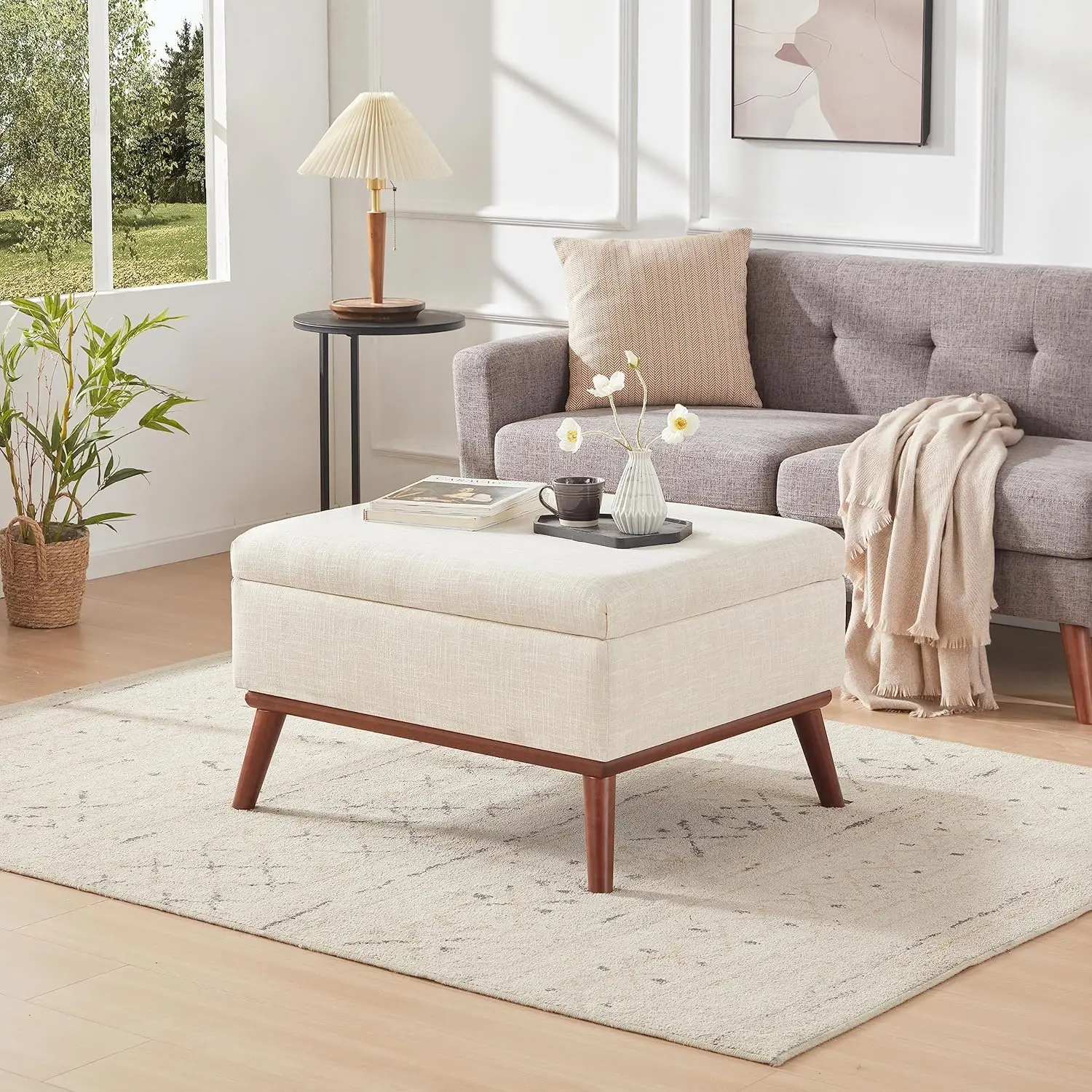 Tbfit Furniture Ottoman - 28.3in Linen Mid-Century Upholstered Storage Ottoman with 4-Leg Footstool, Hidden Storage, Lift Top, 300lbs Capacity, Multi-Use Cube Footrest/Coffee Table for Living Room, Bedroom, Assembly Required