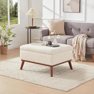 Tbfit Storage Ottoman Bench - 28.3 Inches Linen Mid-Century Ottoman with Wood Legs, Hidden Storage & Lift Top, 300 lbs Capacity, Multi-Use Footrest for Living Room Bedroom, Assembly Required to Keep Clutter Gone