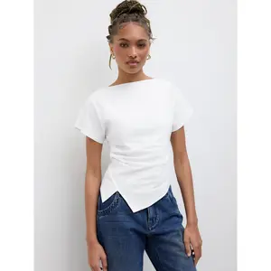 Cider Cotton-blend Boat Neck Ruched Asymmetrical Hem Tee