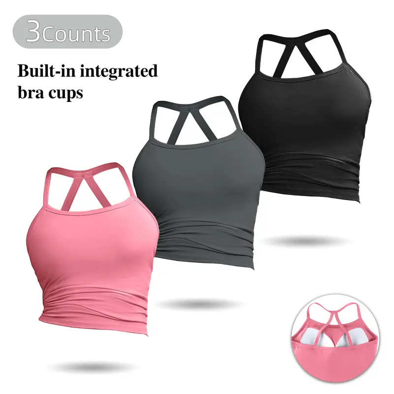 Women's 3/6-Pack Fit U-Neck Sleeveless Spaghetti Strap Cross Back Camisole Tank Tops - Built-In Bra, Polyester Blend, Solid Colors, Preppy, Party, Work, Everyday Basics Tops,sohochic