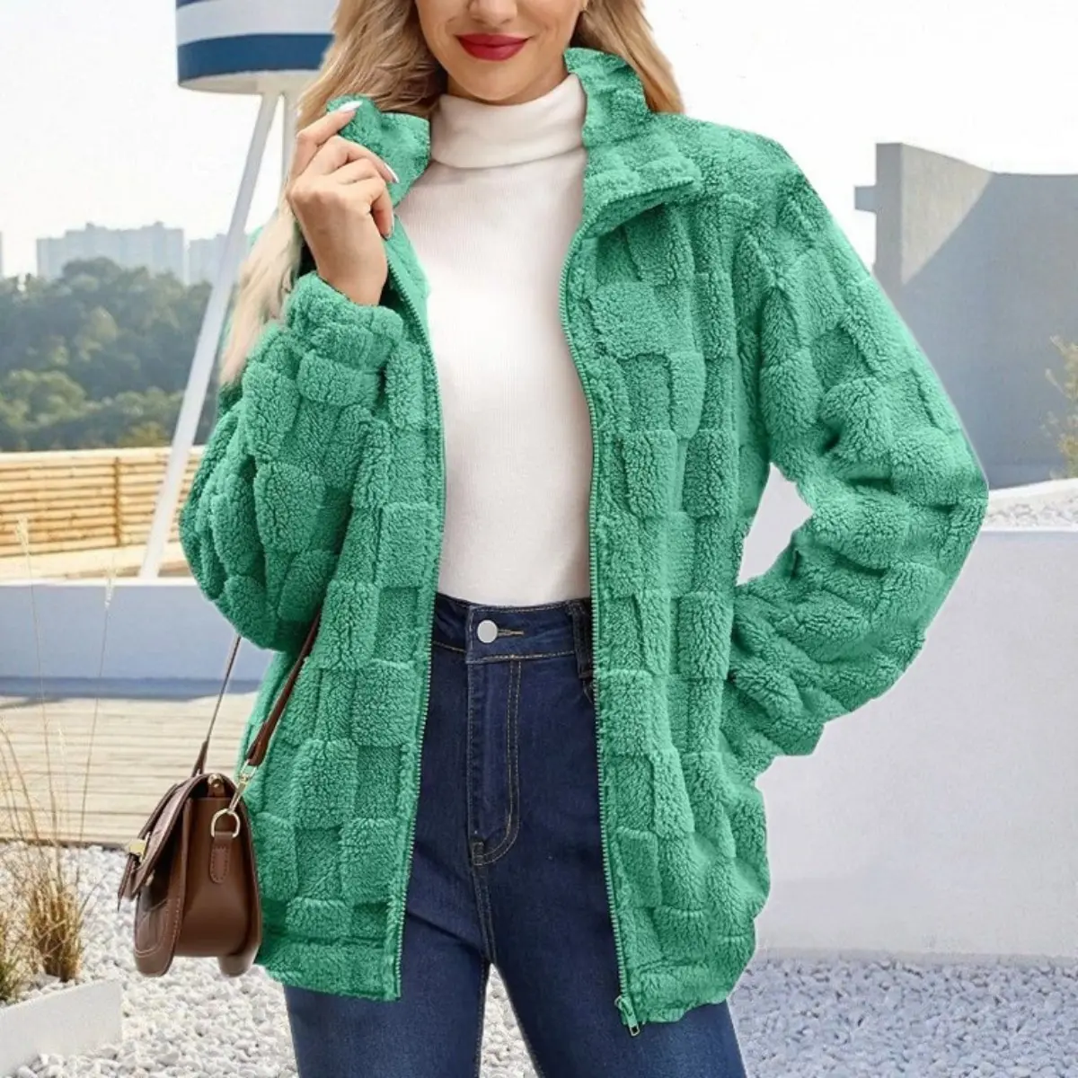 Women Oversized Contrast Plaid Sherpa Button Jacket, Long Sleeve Loose Fit Faux Fur Outerwear, Casual Streetwear Coat for Winter & Back to School