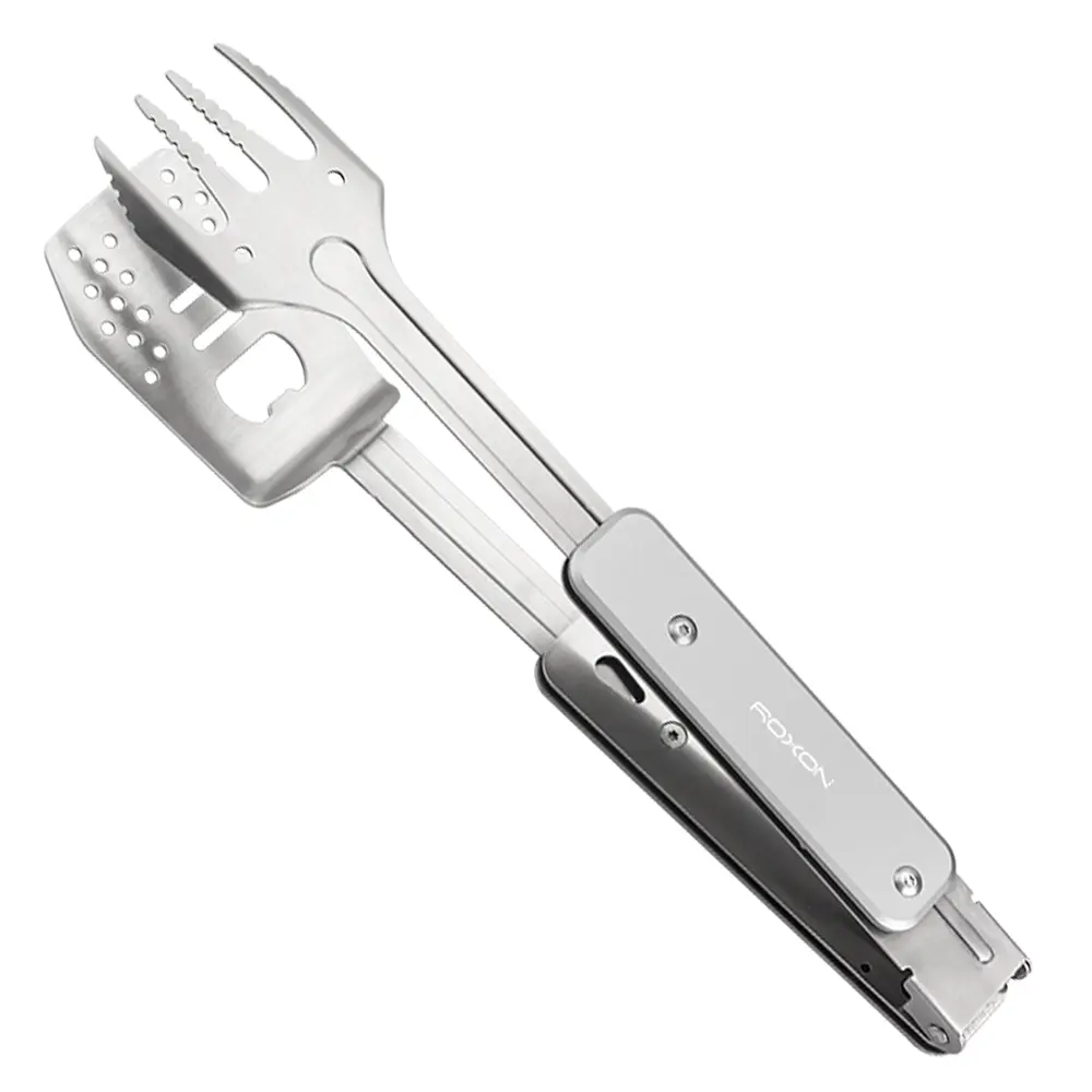 ROXON S602 4-in-1 Mini Folding BBQ Tool Set with Spatula, Fork, Tongs & Bottle Opener for Hiking Camping (Grey)