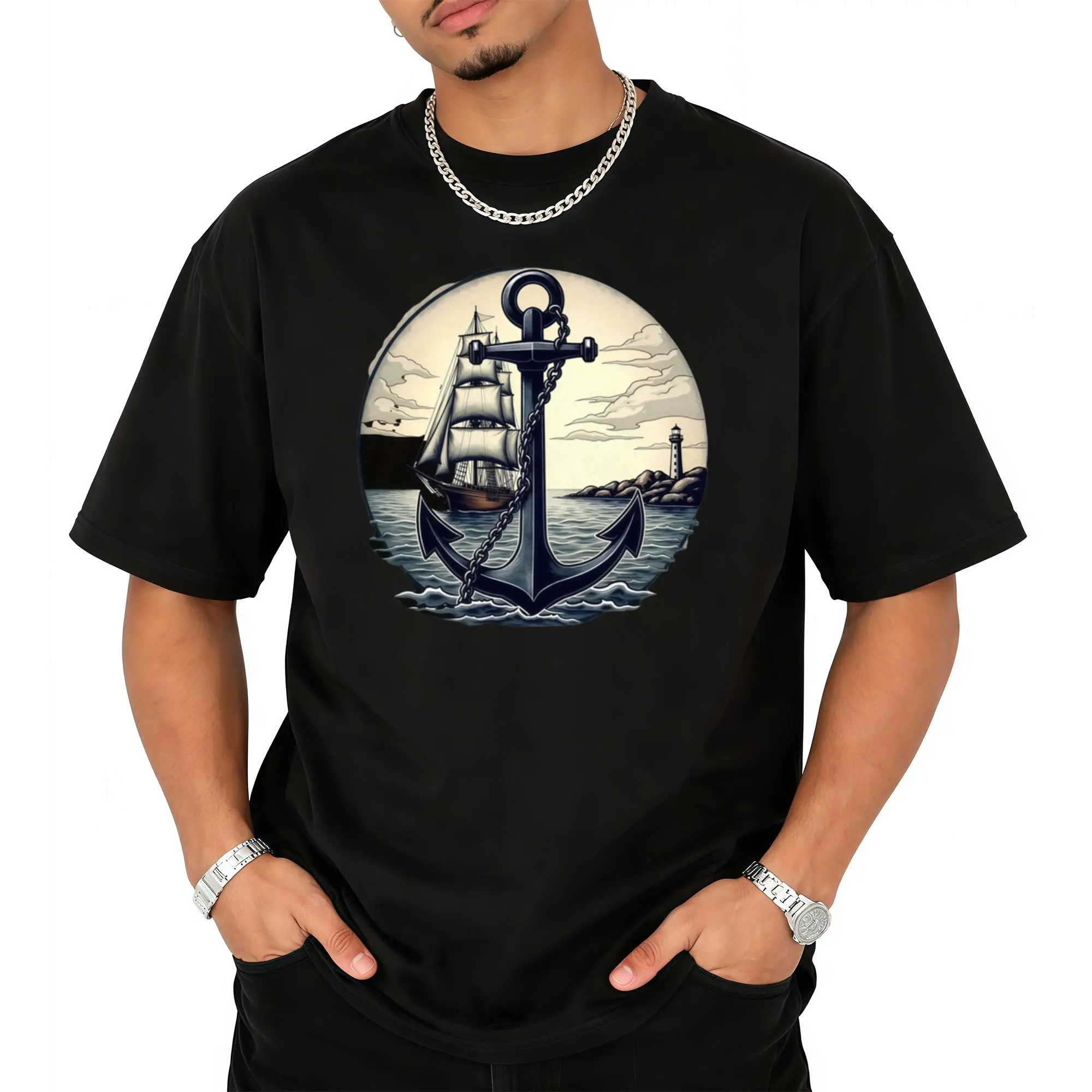 Anchor Ship Classic Nautical Theme Men's Casual TShirt with Marking Retro Casual Round Neck Printed T-shirt Unisex