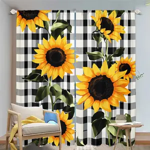 2Pcs Sunflower Checkered Curtains, Light Filtering Drapes for Living Room, Bedroom, Kitchen, Farmhouse Decor, Rod Pocket Window Treatment Translucent tube bag design