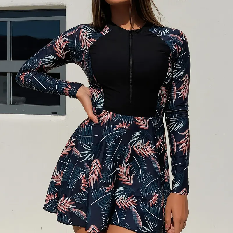 Women's 1-Piece Polyester Blend Swim Dress with Long Sleeves, Tummy Control Shorts, UV Sun Protection, Modest Cut, Zippered Front Floral Rash Guard Beach Wear for Beach Vacation Tummy Control Swimdress Elegant Print Swimsuit