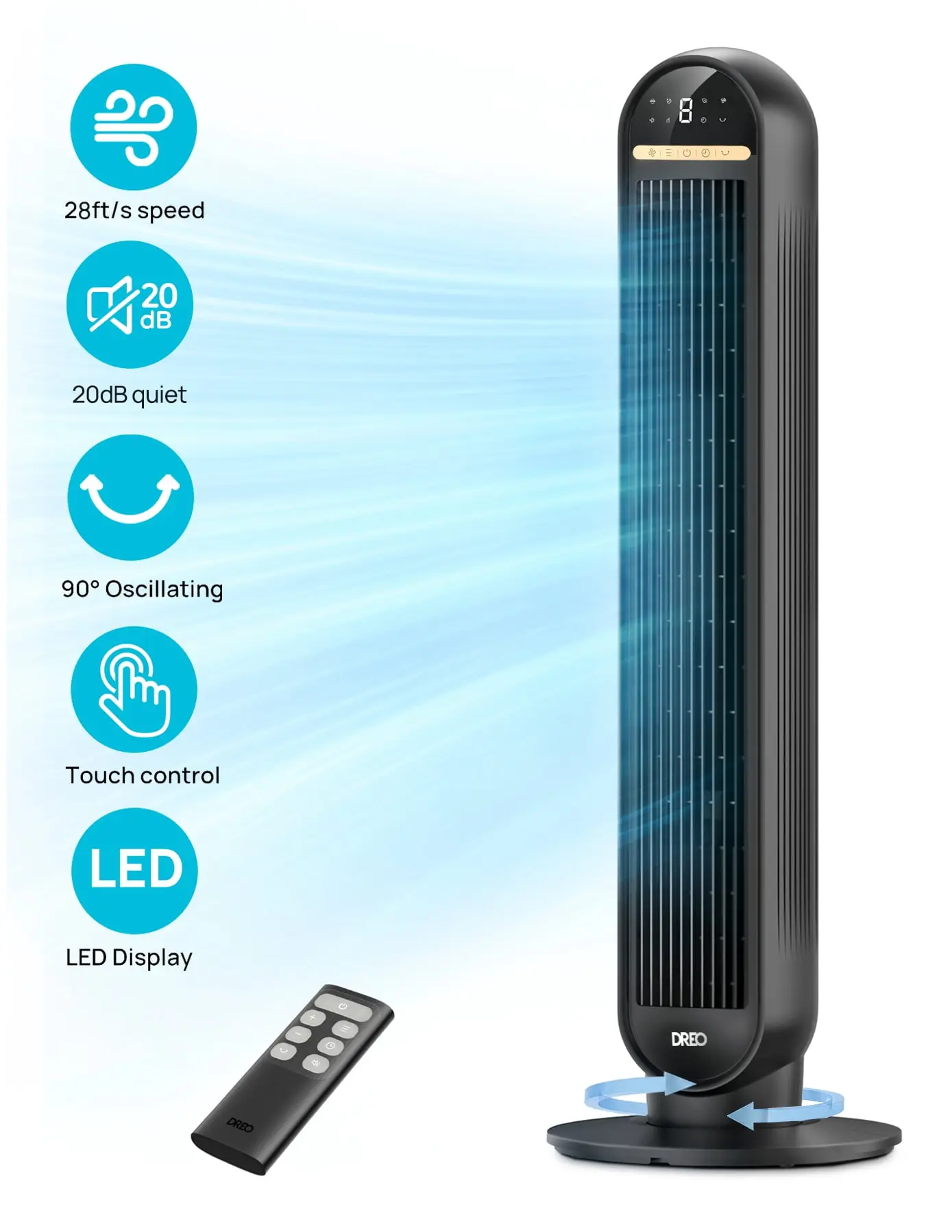 DREO 36" Tower Fan, 20dB Ultra Quiet Fans for Home, 8 Speeds & 4 Modes, 28ft/s Powerful Airflow, 90° Oscillating Standing Fan with Remote, 8H Timer, 2026 New Upgraded