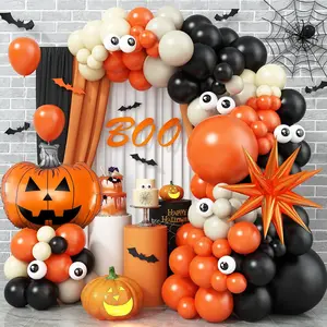 Halloween Balloon Arch Kit With Pumpkin Explosion Star Foil Balloons, Black Orange Beige Balloons Garland Kit With Eyes Balloons, Halloween Party Balloons For Halloween Home Garden Decorations