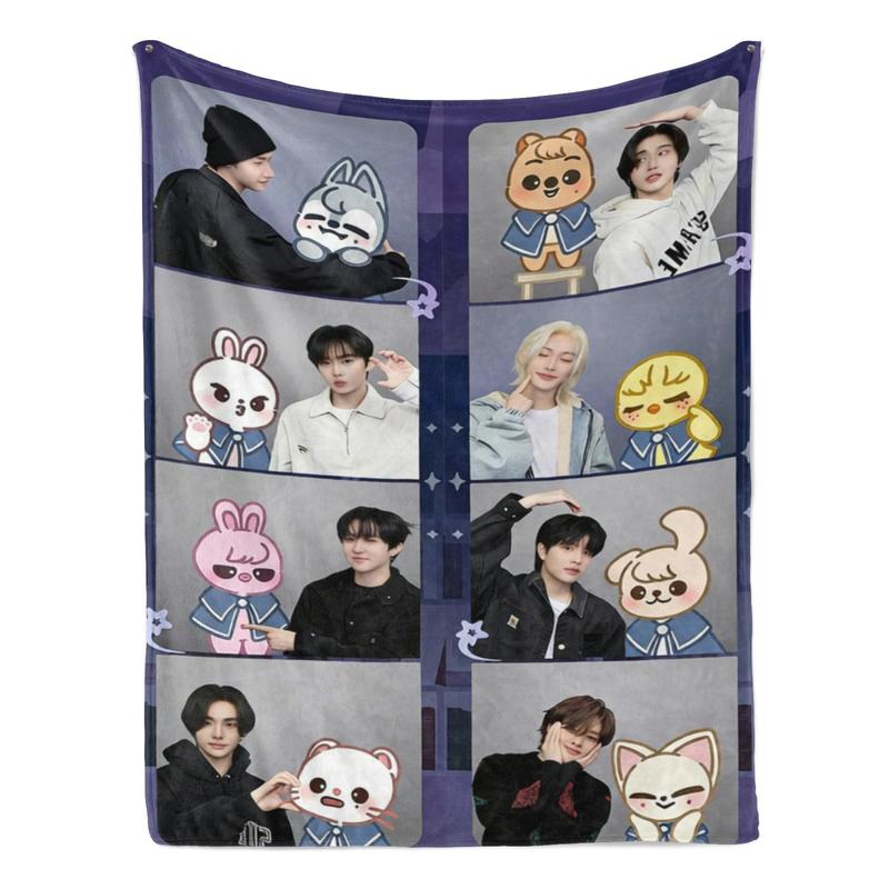 SKZ Idol Printed Blanket – Soft Flannel All-Season Throw with Cartoon Design, Cozy Bed, Sofa & Travel Blanket for Fans