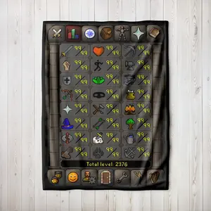 Old School RuneScape Maxed Skills Blanket 99 Stats Total Level 2376 Ultra Soft Fleece Gamer Decor Collector's Gift