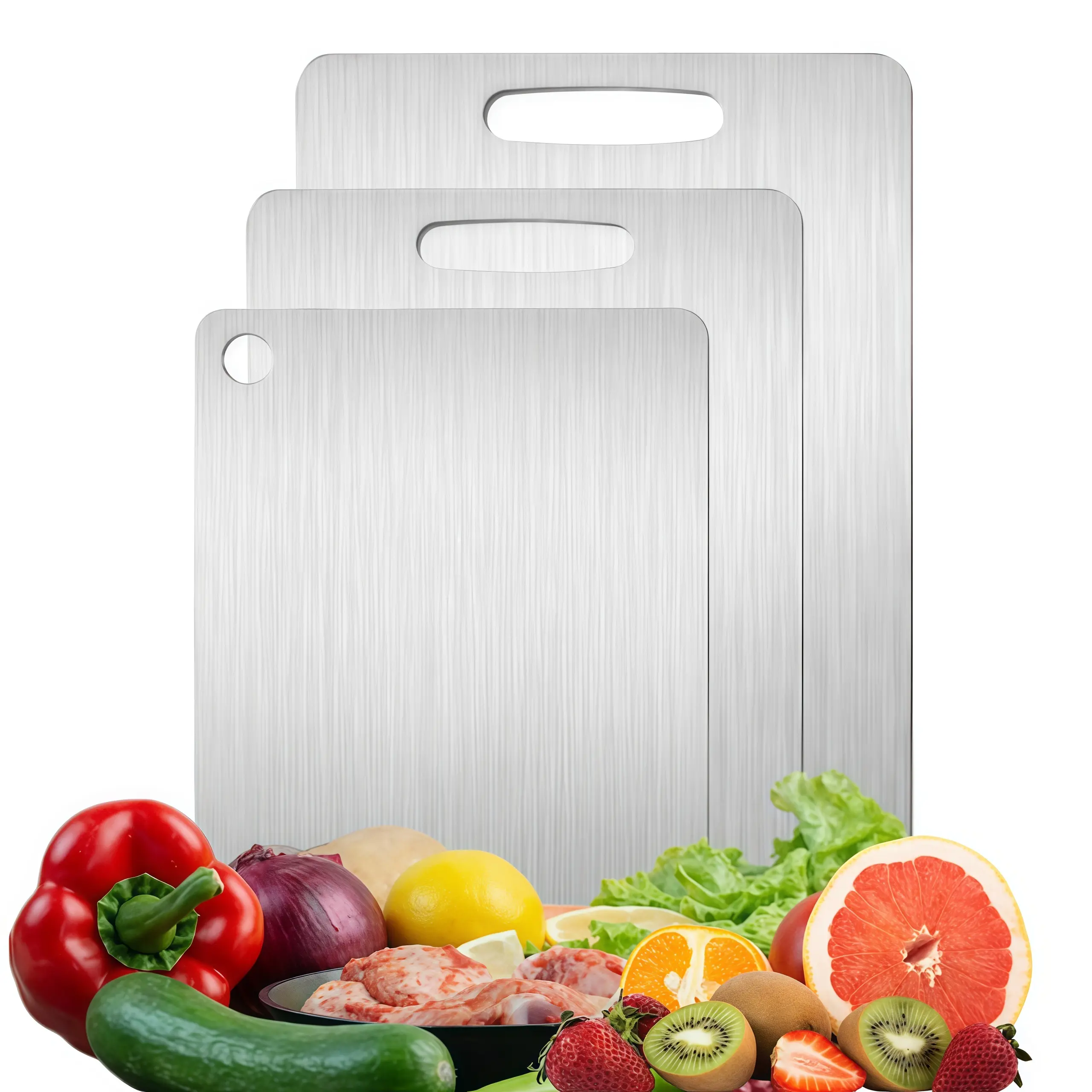 Food-Grade Stainless Steel Chopping Boards (M+L+XL Multi-Size Pack), Ultrathin Durable Portable Rust-Proof Smooth-Edge Easy-to-Clean Kitchenware for Meat, Vegetables, Smooth Edges