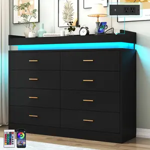 8 Drawer Dresser with LED Light and Charging Station, Modern Chest of Drawers for Closet, Wide Drawer Organizer Cabinet for Bedroom, Living Room, Entryway, Hallway Black/White