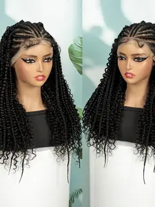 High-Quality Lace Front Wig, Half-Braid Curly Synthetic Hair, Pre-Styled Braids with Baby Hair, All-Season Wear, Straight Style