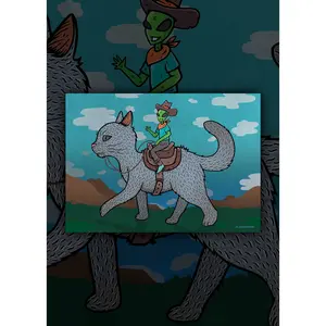 Alien Cowboy Riding a Cat Art Print