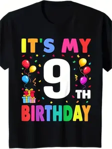 Kids 9th Birthday T-Shirt - Happy Birthday 9th Anniversary Party Outfit with Balloons & Confetti - Boys & Girls Birthday Party Tee - Soft Everyday & Special Occasion