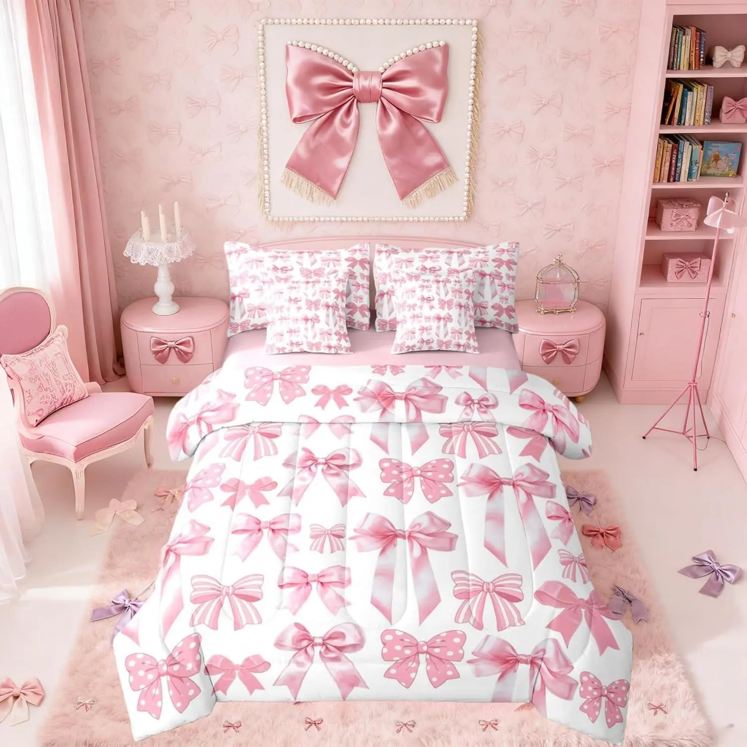 Feelyou 7-Piece Pink Ribbon Bow Microfiber Bedding Set - Girly Princess Comforter, Bedsheet Sets, Soft Warm Bedding, Breathable Blanket, Coquette Bedroom Decor for Girls