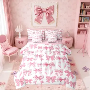 Feelyou 7-Piece Pink Ribbon Bow Microfiber Bedding Set - Girly Princess Comforter Set with Sheets, Breathable Bedroom Blanket, Coquette Bedding for Girls, Girly Bedroom Decor