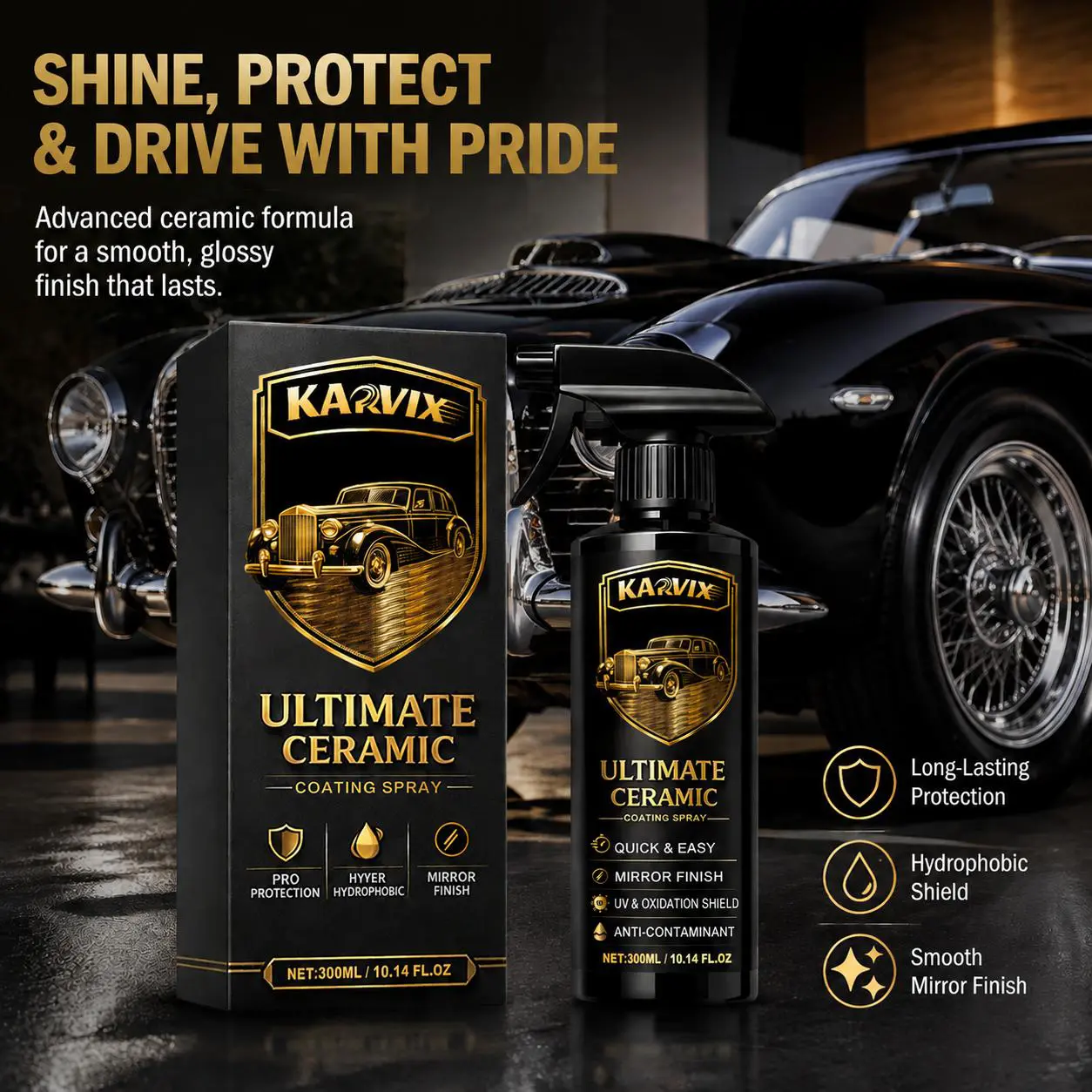 Ceramic Coating Spray 300ml Hydrophobic Paint Protection High Gloss Shine UV Defense Water Beading DIY Car Detailing Anti Fading Exterior Surface Maintenance