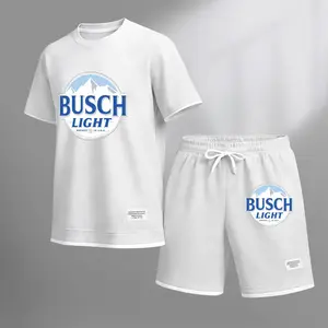 Men's vintage beverage print drawstring shorts set, suitable for spring and summer wear. This casual summer set includes a short-sleeved shirt and shorts, perfect for everyday wear and sports. Two-piece set design.