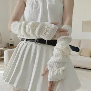 Women's Fingerless Gloves with Black Bow Accents Sporty Chic Half-Sleeve Arm Warmers Elastic Soft Stretchy Acrylic Solid Color Design for Casual Outings & Autumn Fashion Warm Handwear