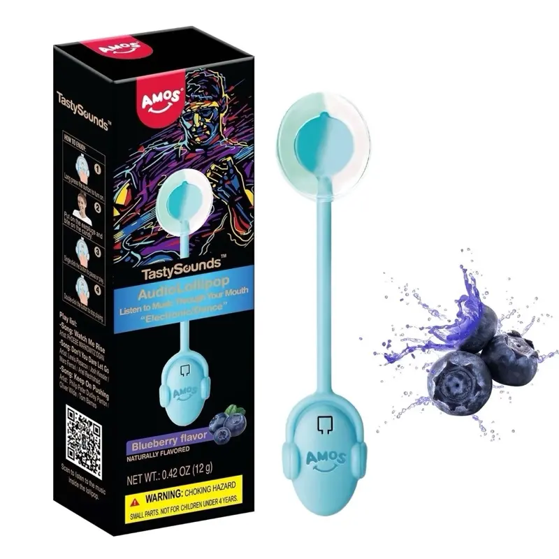 Amos TastySounds Audio Lollipop in a blueberry flavor