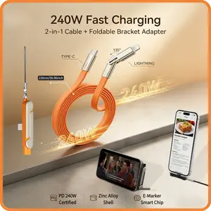 240W 3-in-1 Black/Orange Fast Charging Foldable Bracket Data Cable Type-C to Type-C Data Wire with Phone Tablet Stand