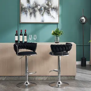 Modern Black 2-Piece Velvet Bar Stool Set - Height-Adjustable via Mechanical Lifting, 360-Degree Swivel, Chromed Finish Base & Footrest, Indoor Furniture Chair