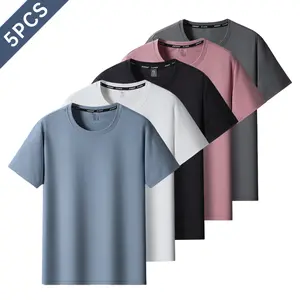 Pack of 5 new summer solid-color short-sleeve T-shirts, lightweight and breathable crew neck design, loose plus-size casual sporty style, suitable for young adults’ everyday wear.