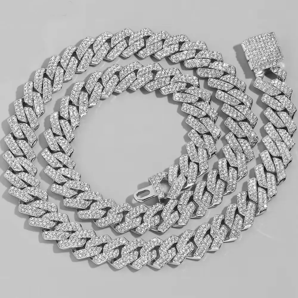 Unisex Iced Out 2-Row Prong-Set Rhinestone Paved Miami Rhombus Cuban Link Chain Necklace - Hip Hop Costume Jewelry for Boyfriend Gifts, Daily Wear Accessory, Rhinestones