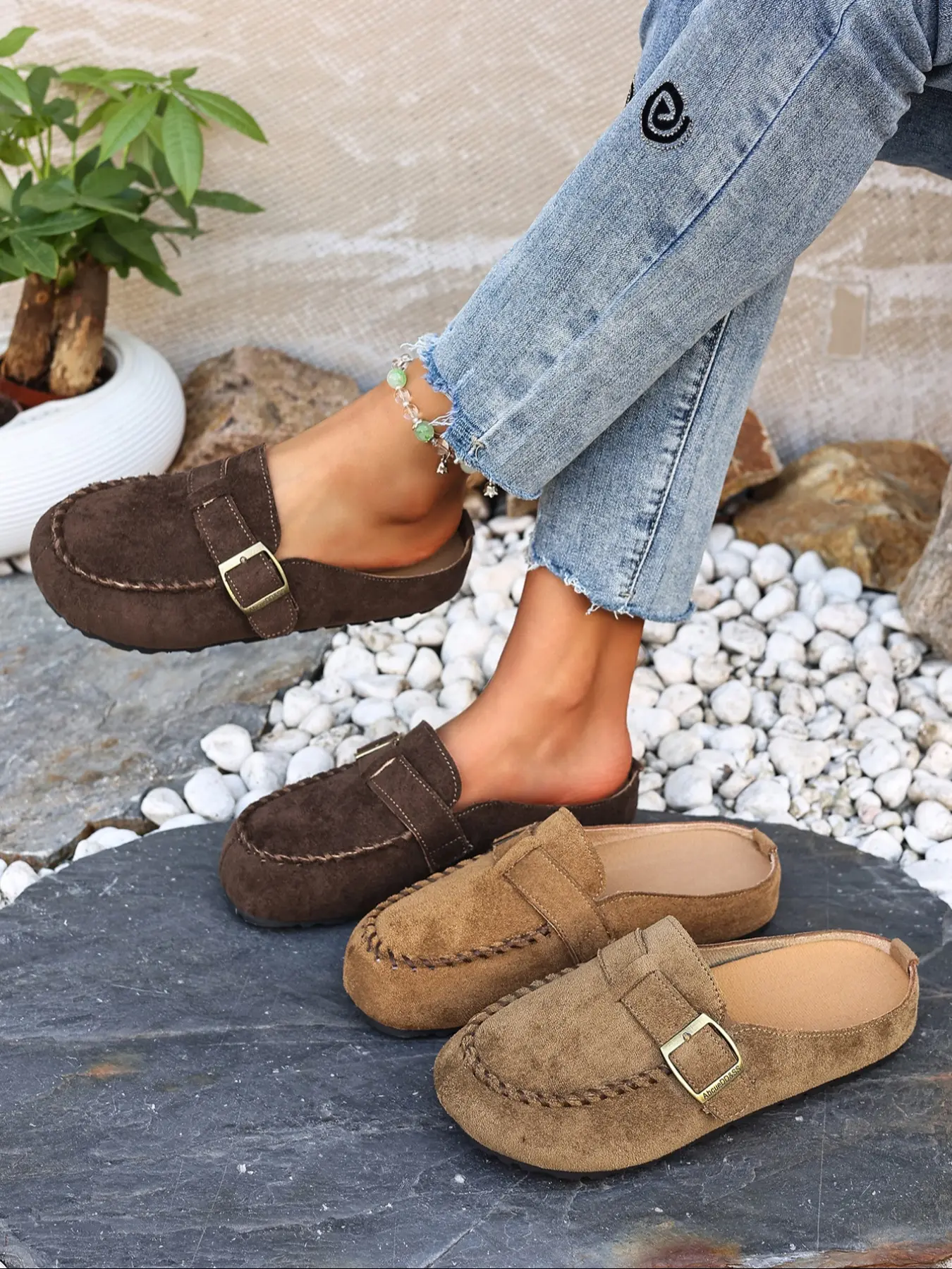 New Large Size Multi-Color Faux Suede Buckle Western Mules for Women, Vintage Classic Hand Stitched Loafers, Comfortable Slip-On Casual Rubber Shoes, Slip On Clog