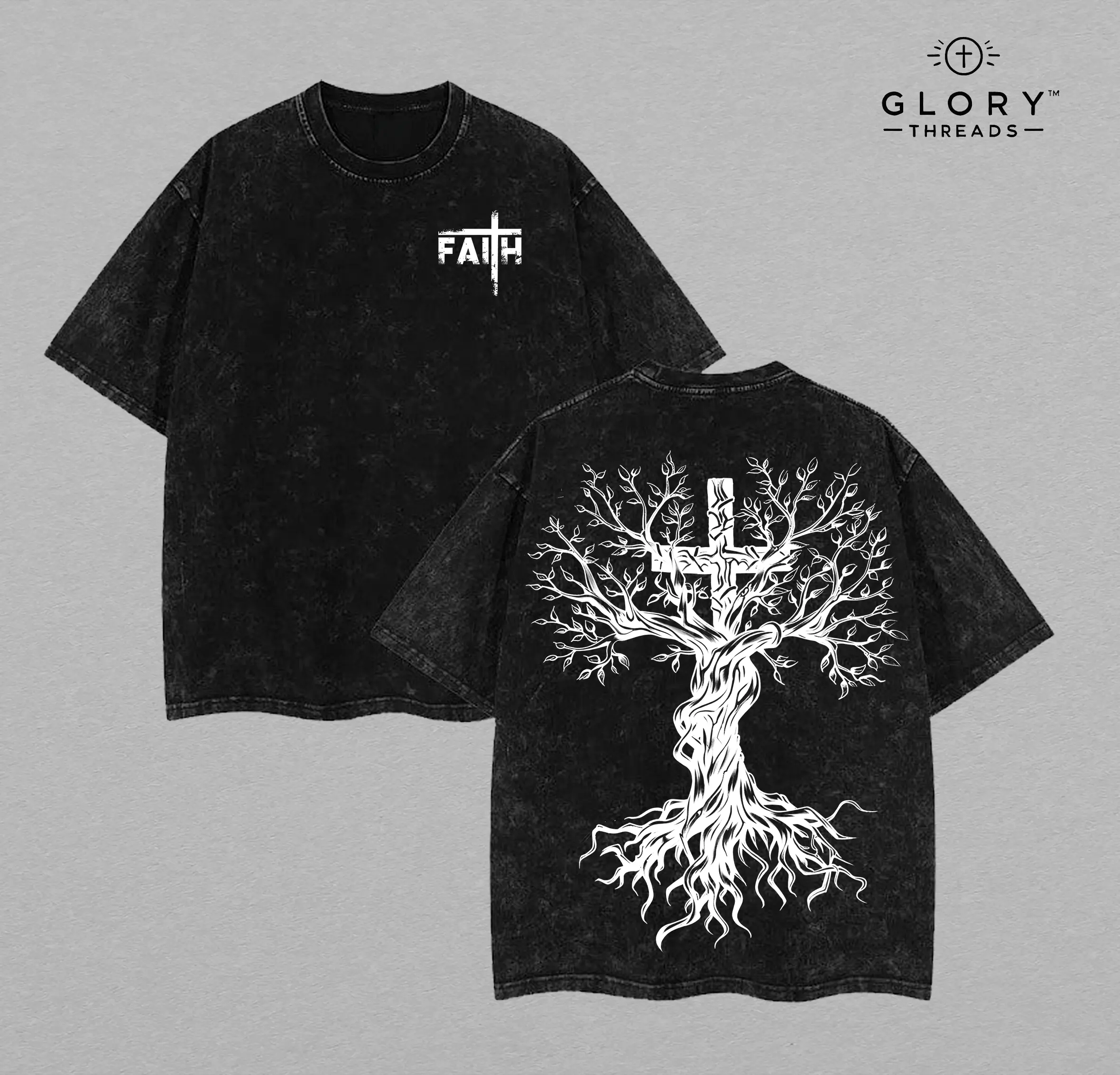Faith Tree Cross Vintage Washed Tee, Unisex Oversized Christian T-Shirt with Bible Verse-Inspired Graphic Jesus Shirt Unisex Christian Shirt Christian Streetwear Church Outfit