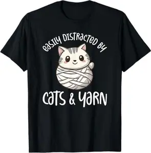 Easily Distracted By Cats And Yarn, Kitten Lover Crochet T-Shirt