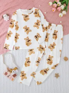 Sleepwear Set, Fire Retardant Casual Cartoon Animal Teddy Bear Print, Round Neck Long Sleeve Pullover and Pants, All Seasons, Snug Fit Pajamas