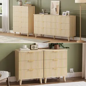 Aowos Boho Bedroom Set, Fluted Modern Dresser Furniture Set, 6 Drawers Dresser, 5 Drawer Vertical Dresser, 3 Drawers Dresser & 1 Drawer Nightstand with Charging Station, Dresser & TV Stand for Bedroom, Home, Dinning, Closet, Living Room, Hallway