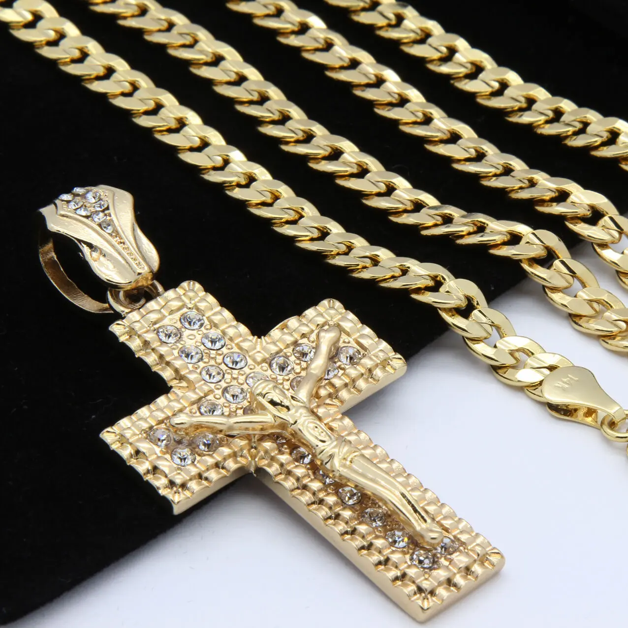MaxBling81 Cross Design Pendant Necklace - CZ, Gold-Finished, 14K Stamp Brass 6mm Cuban Chain (20" or 24"), Hip Hop Celeb Style Fashion Costume Jewelry for Daily Wear