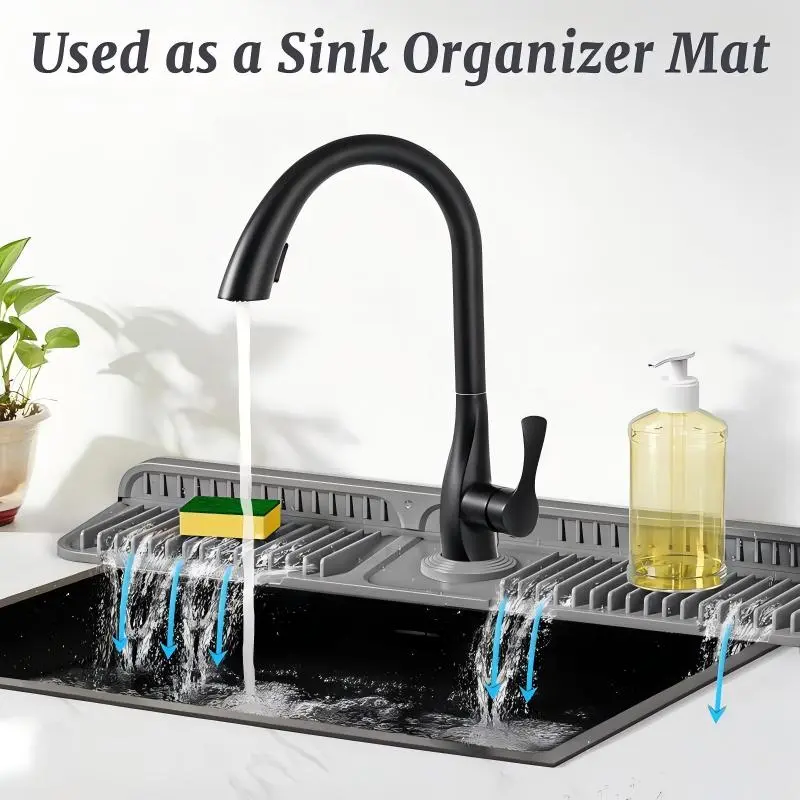 Eco-Friendly Silicone Kitchen Sink Faucet Mat - 24-in Water Splash Proof Guard, 7° Slope Fast Drying, Snap Button Lock, Adjustable Hole, Washable Kitchen Organiser for Tidy Dry Space, Home Supplies Gift