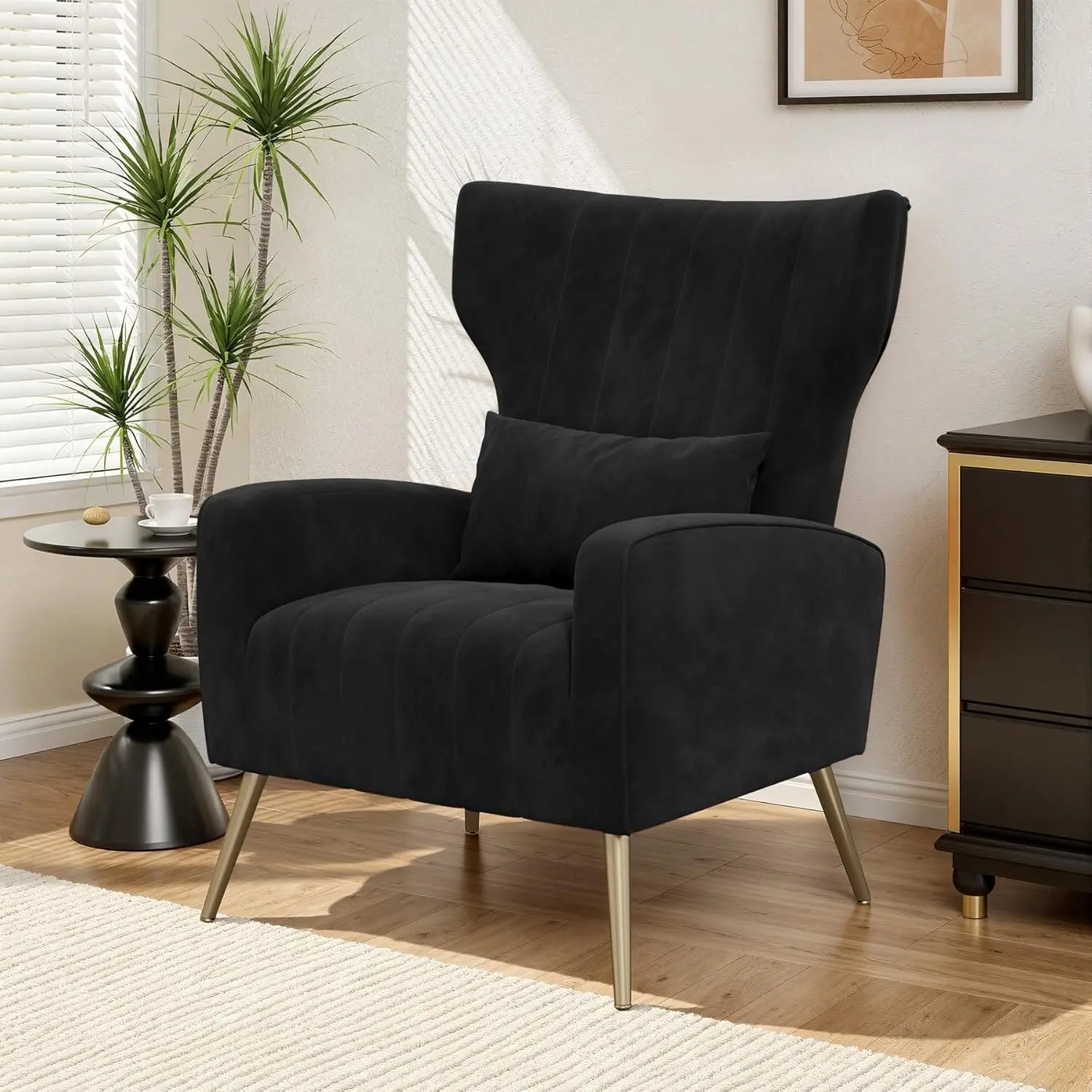 Modern Armchair with Soft and Breathable Velvet Material Single Sofa for Living Room High Back Arm Chair with Golden Legs Lumbar Pillow Luxanimarion