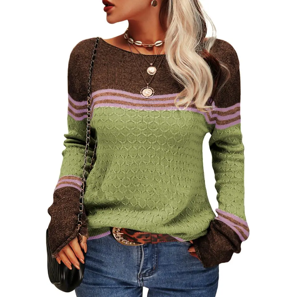 Women Fashion Autumn Winter Solid Pullover Sweater Round Neck Honeycomb Knitting Pattern Slim Fit Knitwear Tops