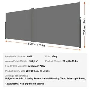 VEVOR Retractable Side Awning, 79''x 236'' Outdoor Privacy Screen, 180g Polyester Water-proof Retractable Patio Screen, UV 30+ Room Divider Wind Screen for Patio, Backyard, Balcony, Gray